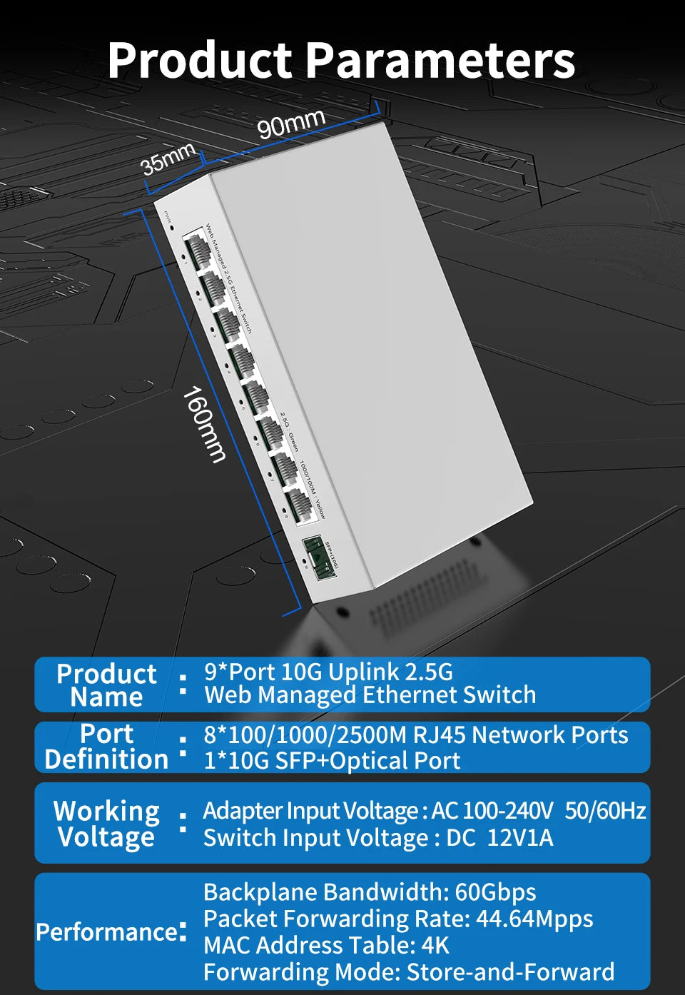 HORACO 2.5GbE Managed Switch 8 Port 2.5GBASE-T Network Switcher 10G SFP+ Slot Uplink Web Managed Hub Internet Splitter Fanless