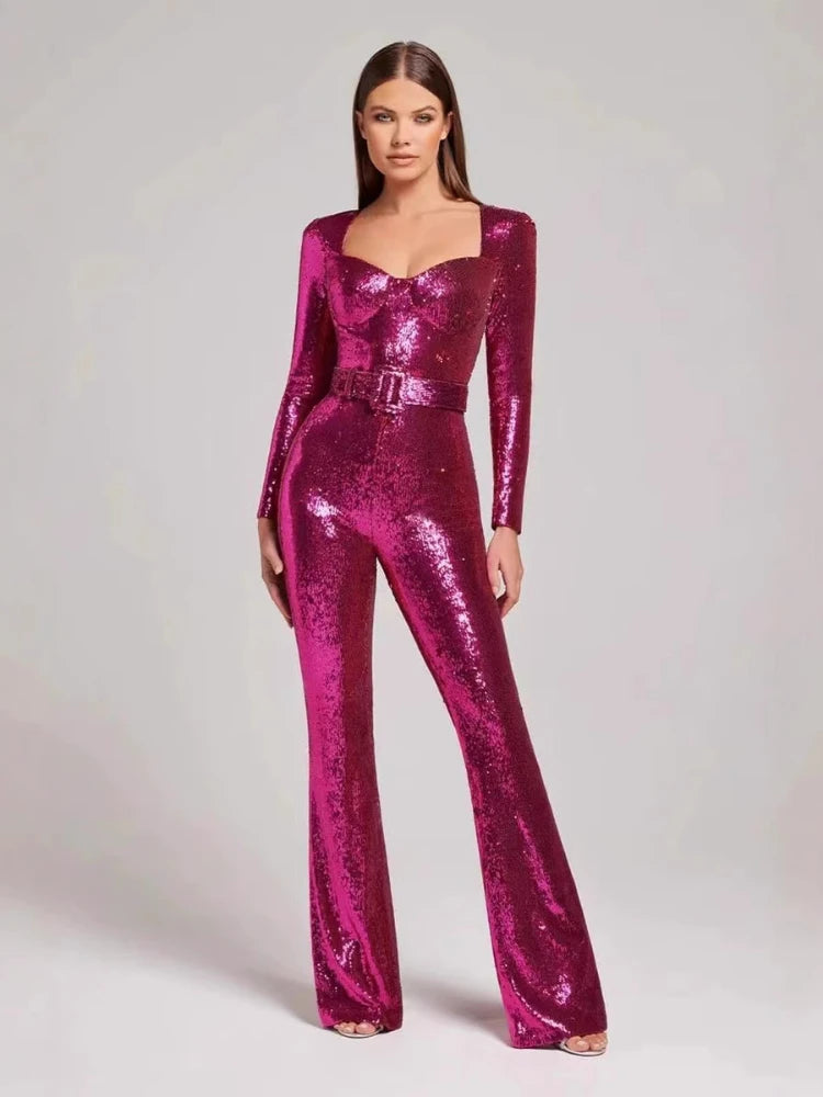Jumpsuits Women Sequin One Piece Floor Length Pant Overalls Full Sleeve Bodycon Party Night Rompers Splice High Waist Belt Main image