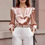 New Women's Satin Shirt V-neck Long-sleeved French Top Fashion Pullover White Simple Office Professional Female Pink Blouses