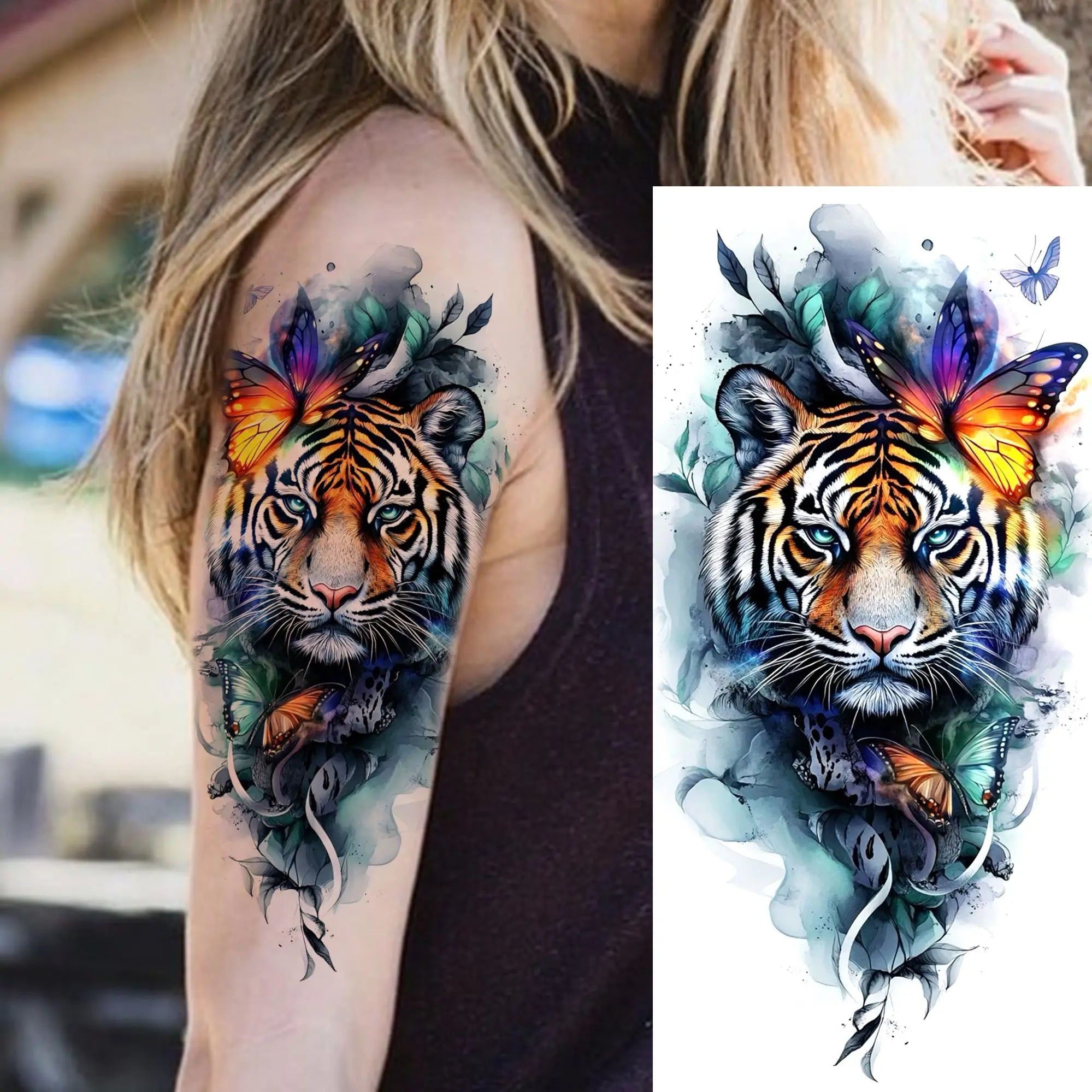 1 Sheet Unique Watercolr Lion Tiger Animals Temporary Tattoos Long Lasting Waterproof Fox Owl Fake Tattoo Sticker Body Art Tatoo