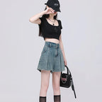 Korean Casual High Waisted Pleated Denim Shorts For Women Spring Summer Baggy Jeans Shorts Y2k  A-Line Wide Leg Jeans
