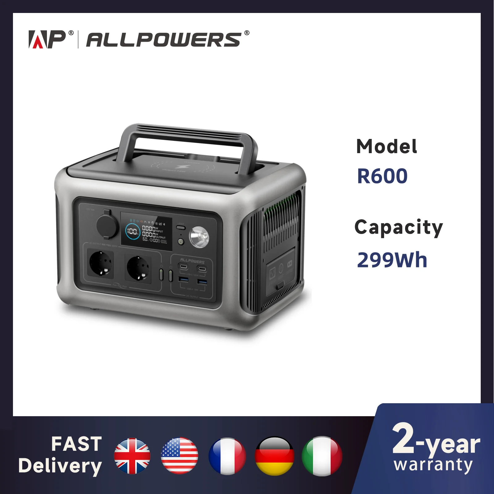 ALLPOWERS Portable Power Station R600, 299Wh LiFeP04 Battery with 2x 600W (1200W Surge) AC Outlets for Outdoor Camping RV Home Main image
