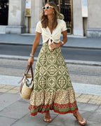Women's Elastic Waist Printed Large Swing Skirt, Boho Spliced Midi Skirt, Suitable for Beach and Daily Wear