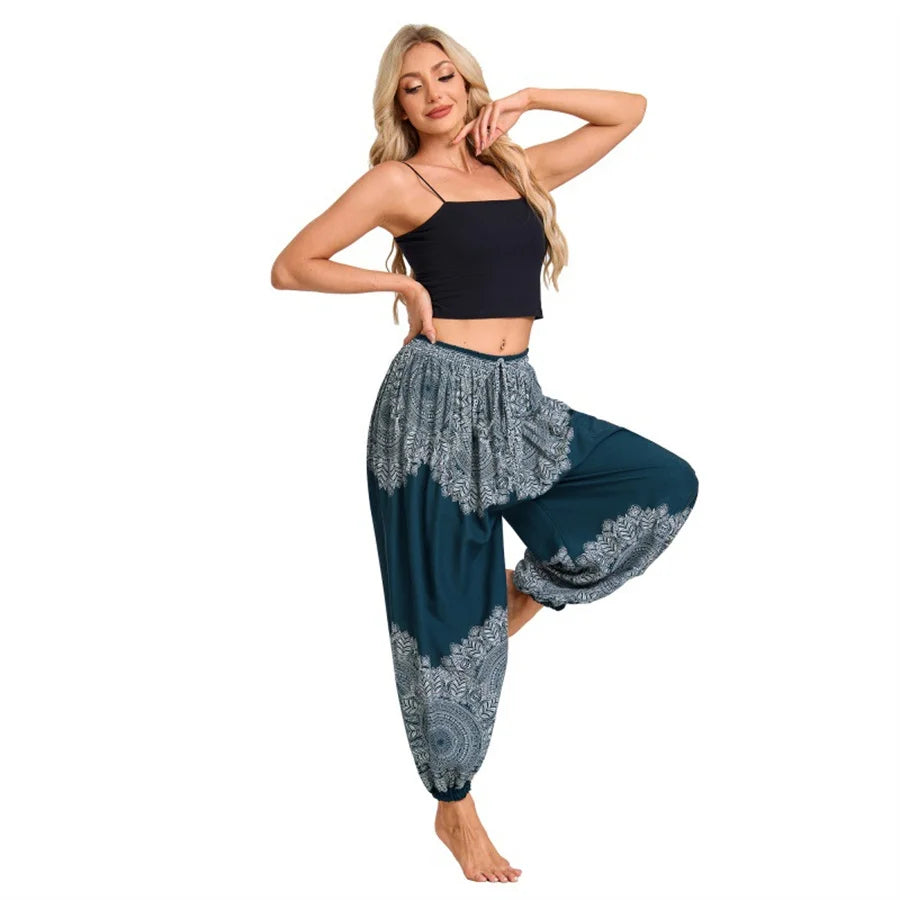 Women's Boho Wide Leg Harem Pants Adult High Waist Yoga Loose Lantern Pants Breathable Beach Trousers Vacation Printed Jagger