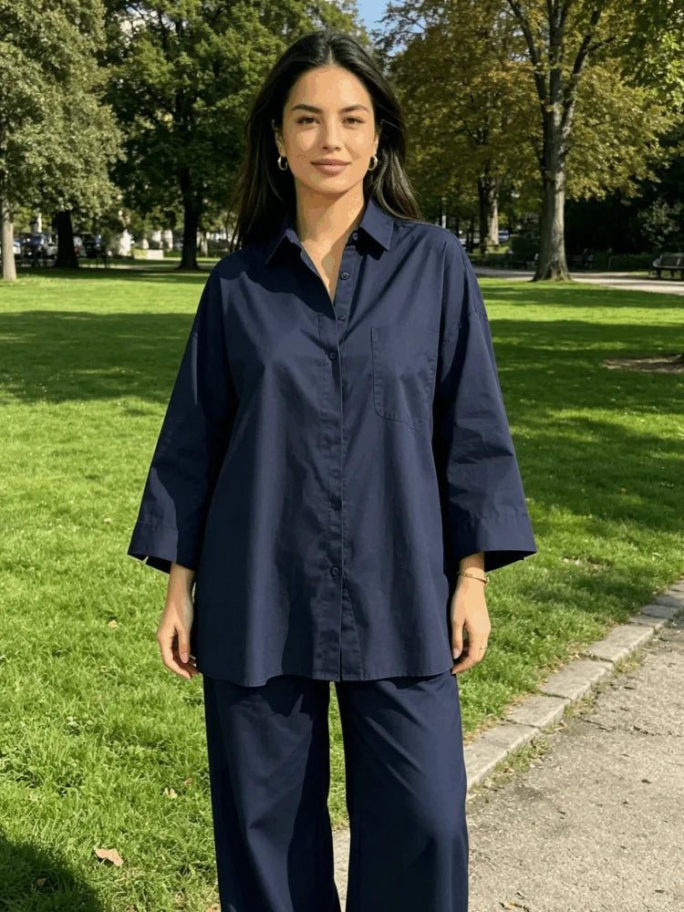 Women Solid Lapel Full Sleeves Pant Suits Chic Single Breasted Wide-leg Long Pants Sets 2026 Lady  Casual Daily Loose Fit Outfit