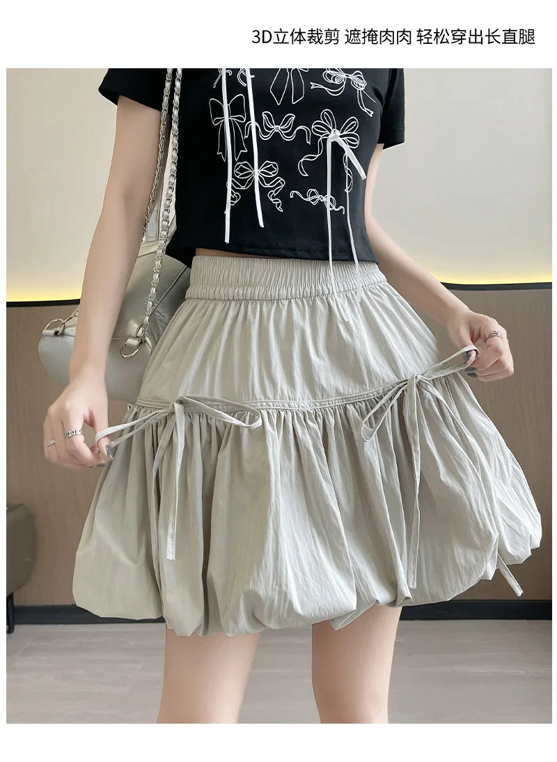 Sweet Bow Pleated Fluffy Skirts for Women Summer Korean Style Elastic Waist Lantern Skirt Woman Loose White A-Line Short Skirts