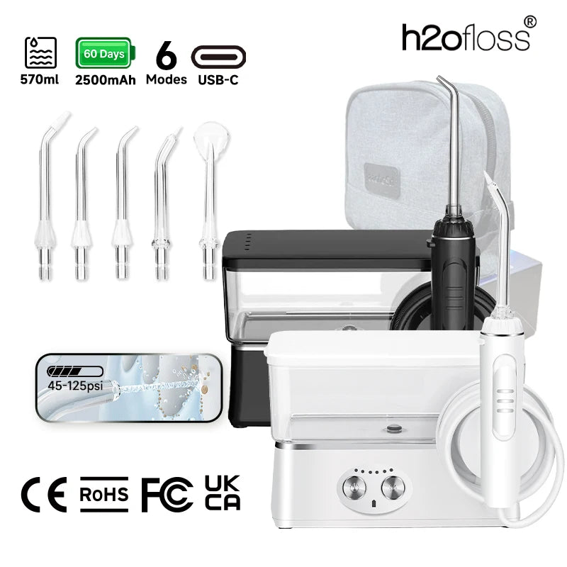 H2ofloss Water Flosser Portable Oral Irrigator 570ml 140PSI High Pressure 6 Modes 5 Nozzles with Storage Bag USB Rechargeable