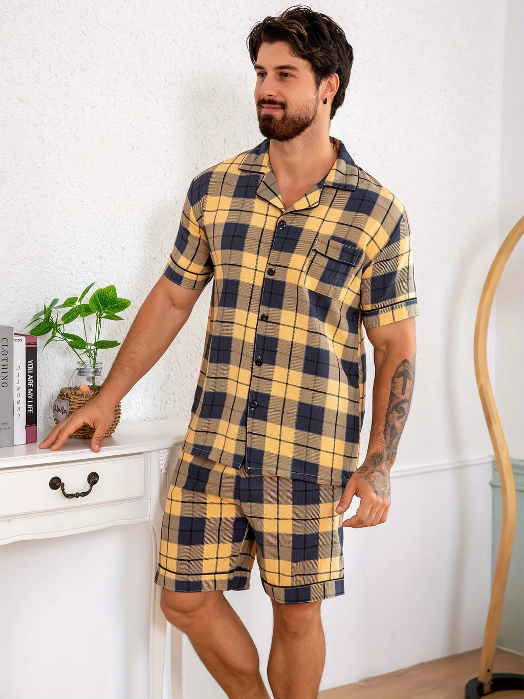 Men's Short-sleeved Pajamas Set - 2 Piece Set Plaid Casual Summer Loungewear with Pocket V-neck Light and Thin Men's Pajamas Pjs