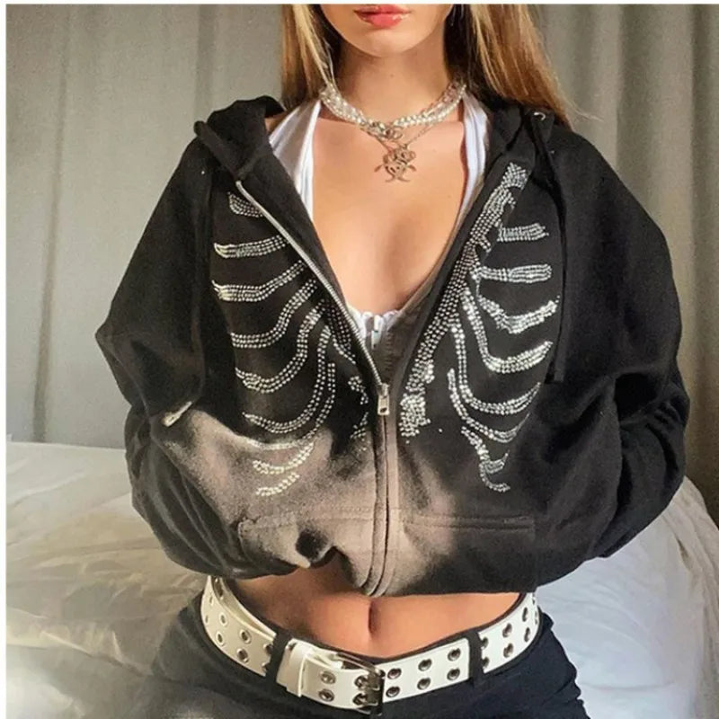 Y2K Rhinestone Skeleton Hoodies Women Gothic Black Zip Up Oversized Sweatshirts Female Retro Harajuku Hooded Jacket Streetwear Image principale du produit