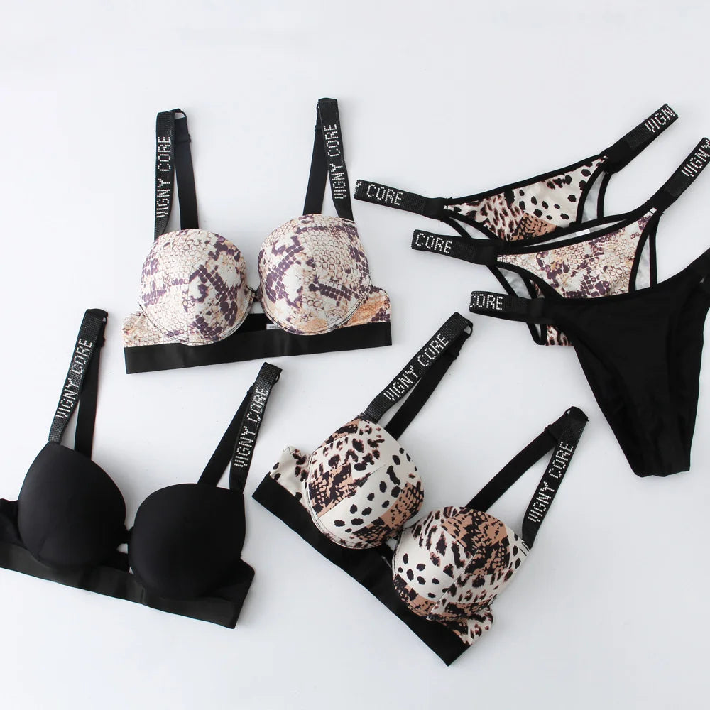 Letter Rhinestone Sports Leopard Sexy Lingerie Set Gathered Push Up Seamless Bra Set Fashion Traceless Thin Fitness Underwear Main image
