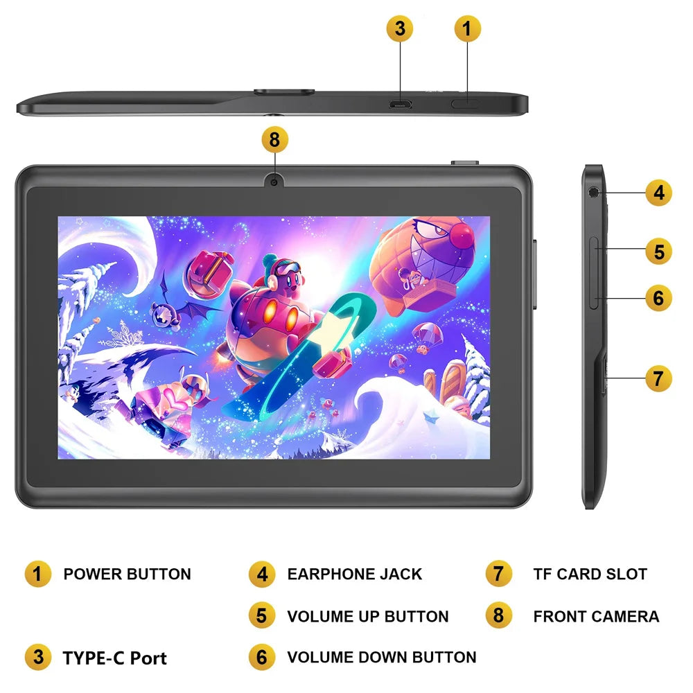 New 7 Inch Kid Tablet Android 13, 4GB RAM 64GB ROM, 1TB Expand, WiFi, Bluetooth, 4000mAh Battery, Software with Protective case