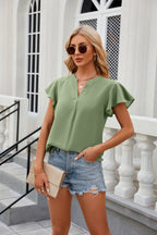 New Women V-Neck Loose Pullover Chiffon Shirts Elegant Fashion Solid Color Ruffles Female Blouse Summer Casual Short Sleeve Tops