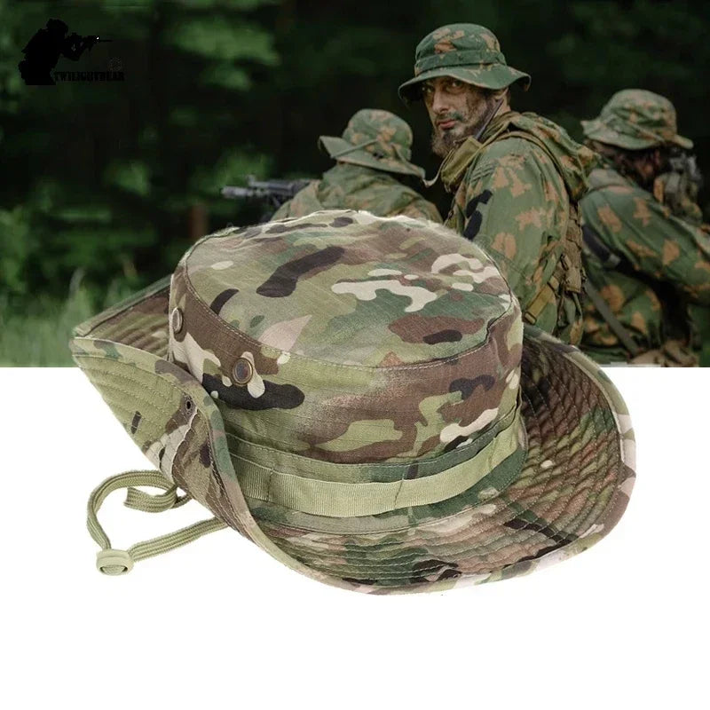 Multicam Tactical Fisherman Hats Foldable Outdoors Sniper Camouflage Fishing Cap Outdoor UV Sunscreen Panama Hunting Bucket Hat Image principale du produit