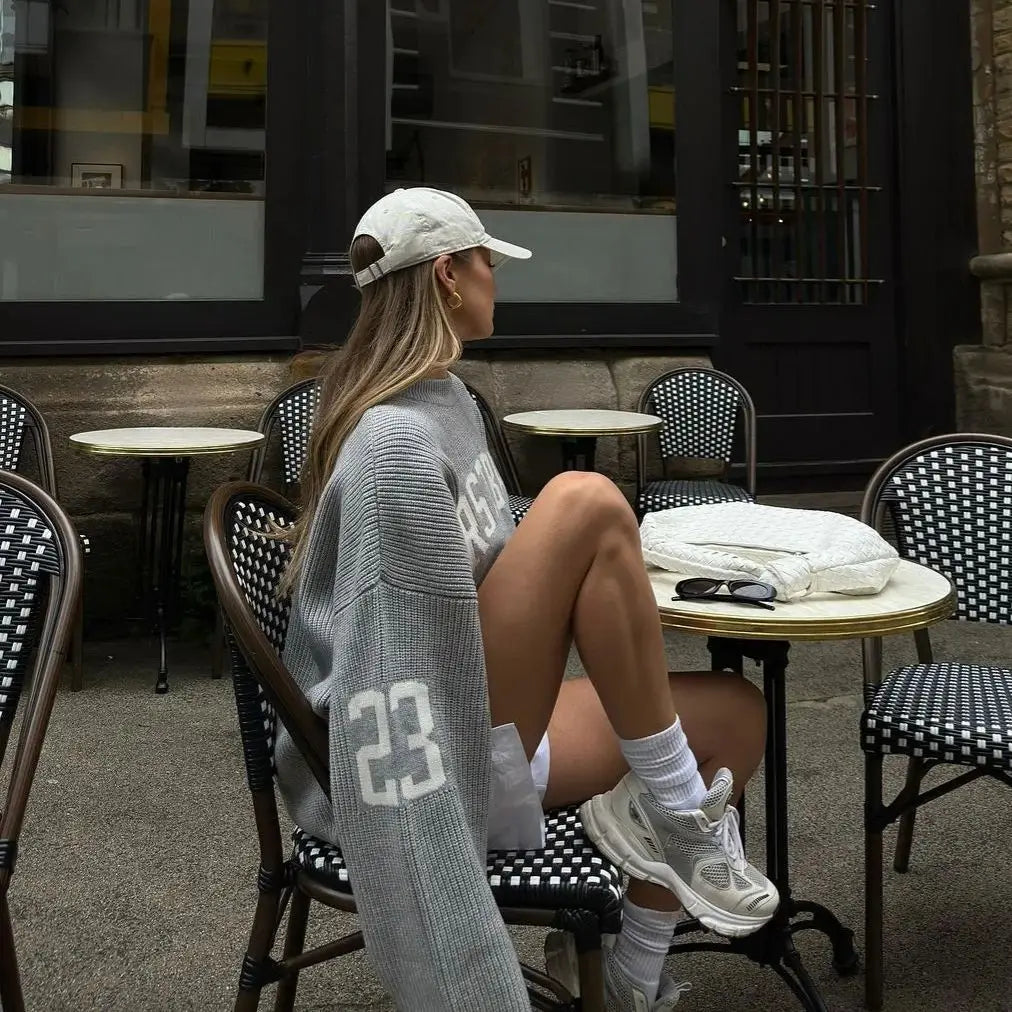 Trendy Loose Letter Jacquard Knitted Pullover Women's 2025 Autumn New Highstreet Gray Black Soft Sweater Hottie Versatile Pieces