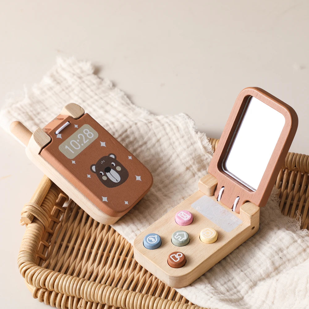 Baby Wooden Bear Phone Teether Toy Telephone Sleeping Pacifier Teething Flip Simulation Phone Toys Early Educational Toy Gifts Main image