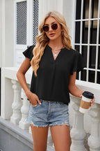 New Women V-Neck Loose Pullover Chiffon Shirts Elegant Fashion Solid Color Ruffles Female Blouse Summer Casual Short Sleeve Tops