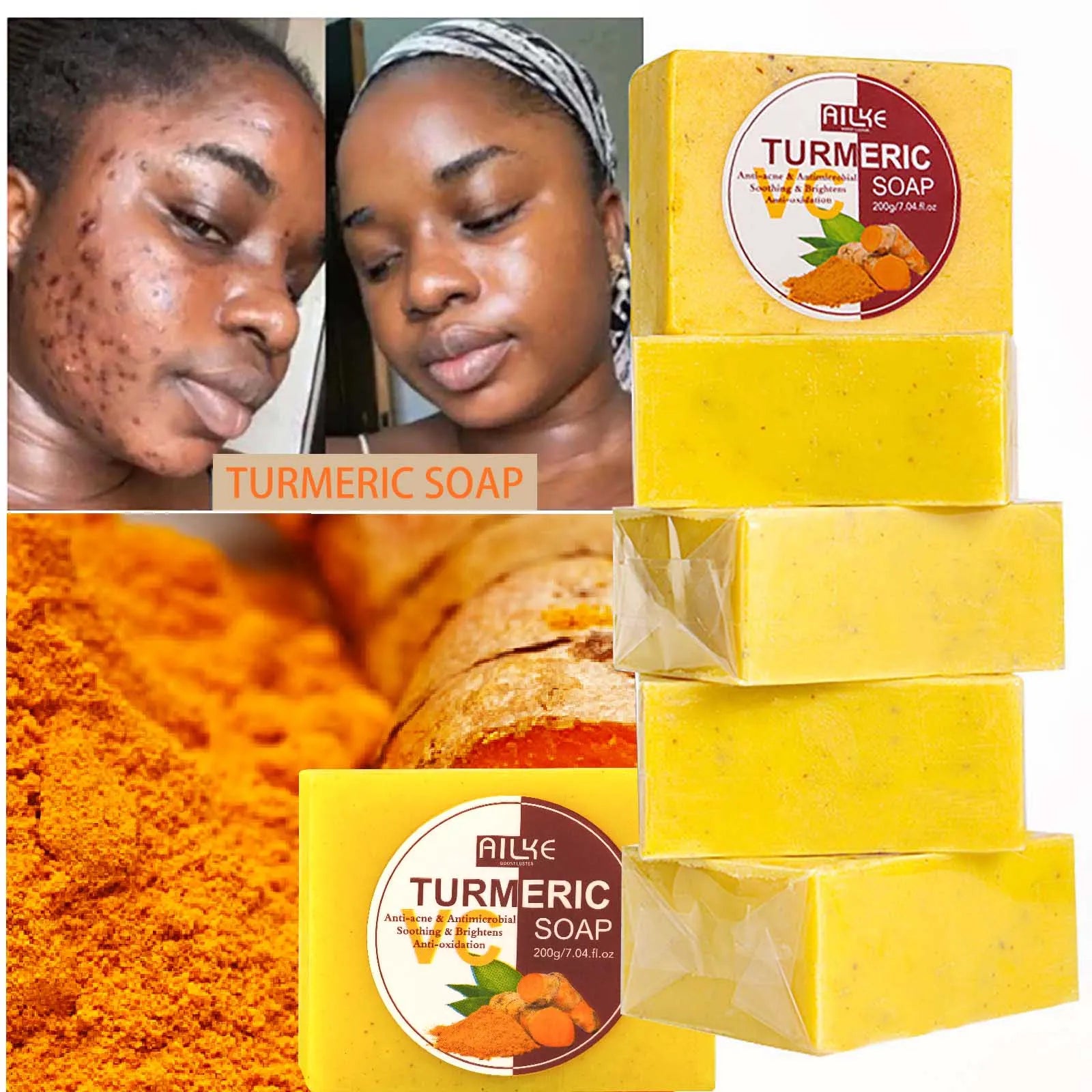 AILKE Natural Turmeric Bath Soap for Face, Body, Hands, Lightening, Cleaning, Even Skin Tone, Anti Dark Spots and Acne, 200g Main image