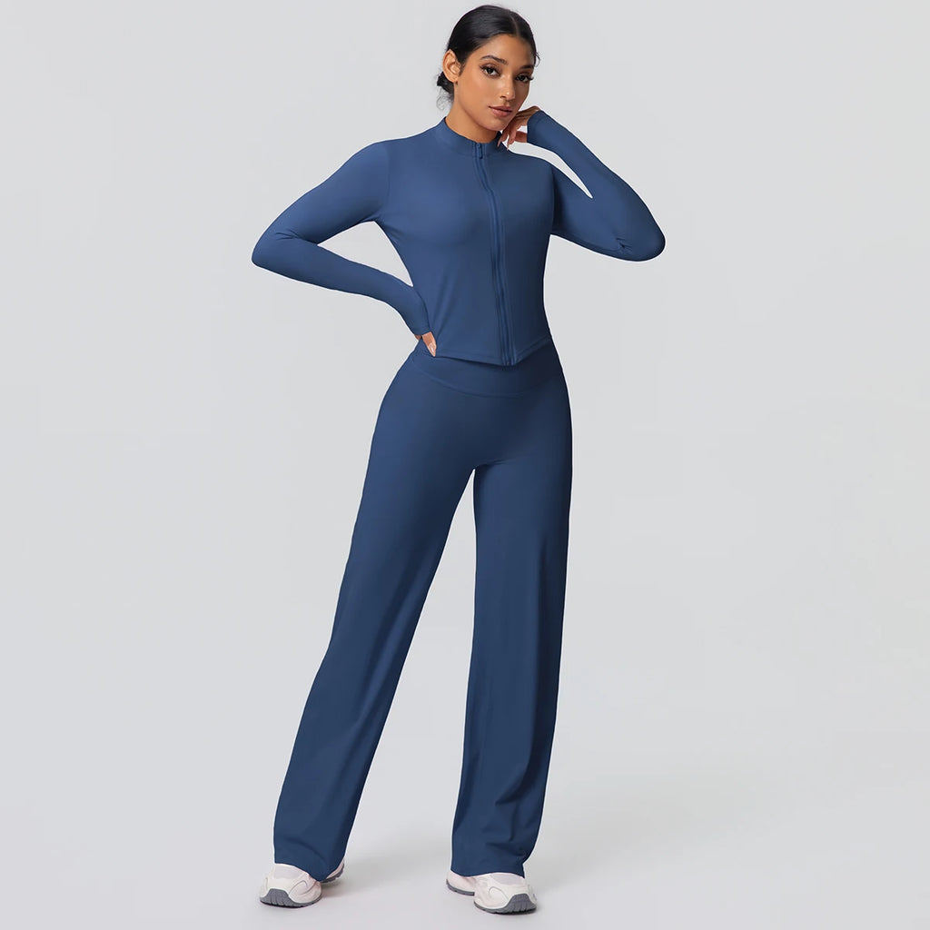 2pieces Quick Drying Sports Fitness Clothing Yoga Set Women Yoga Zipper Long Dleeves High Waisted Breathable Wide Leg Pants Set