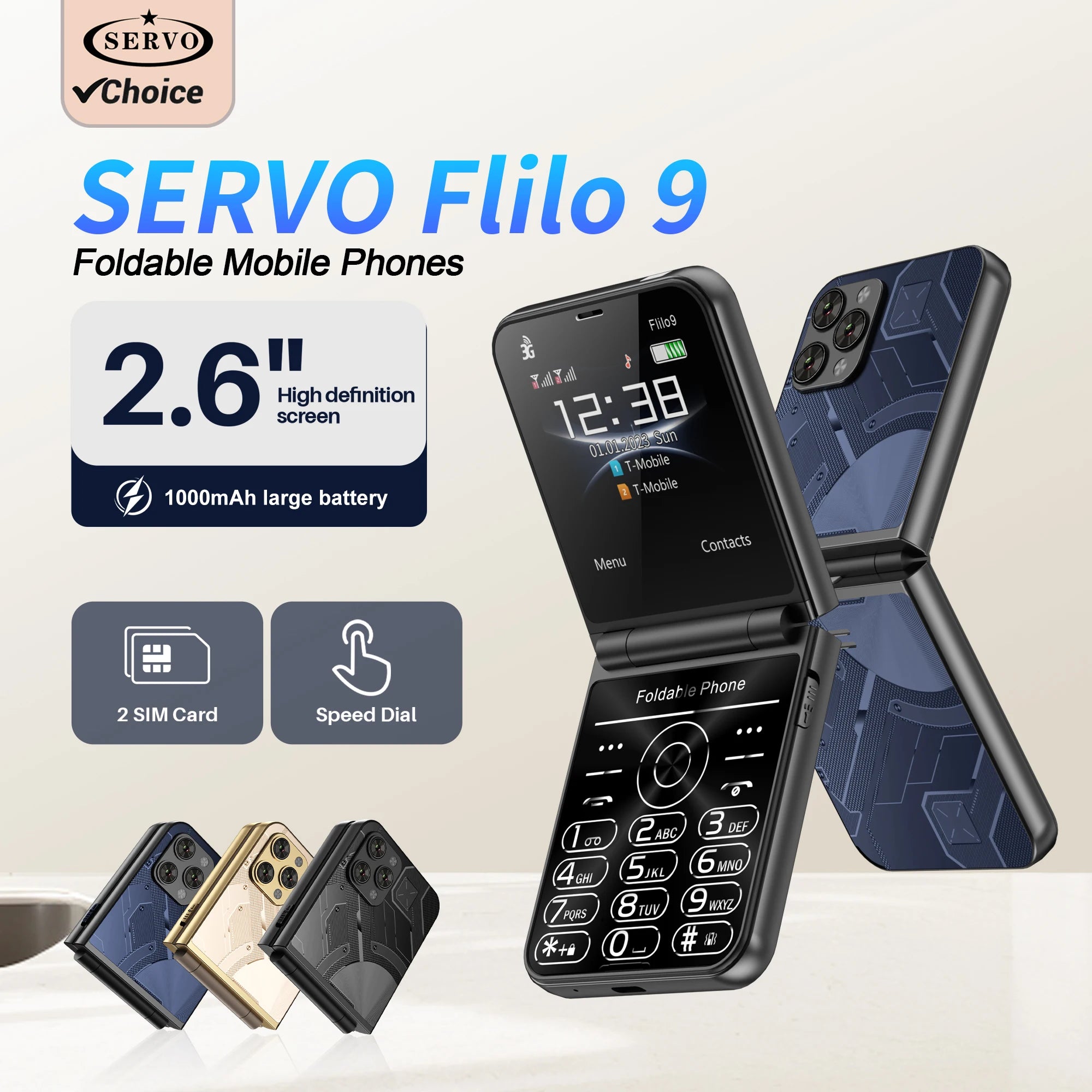 Low Price Sale SERVO Flilo9 3G Flip Mobile Phone 2 SIM Card Speed Dial Blacklist Call Record FM Radio 2.6inch Fold Cellphone MP4 Main image