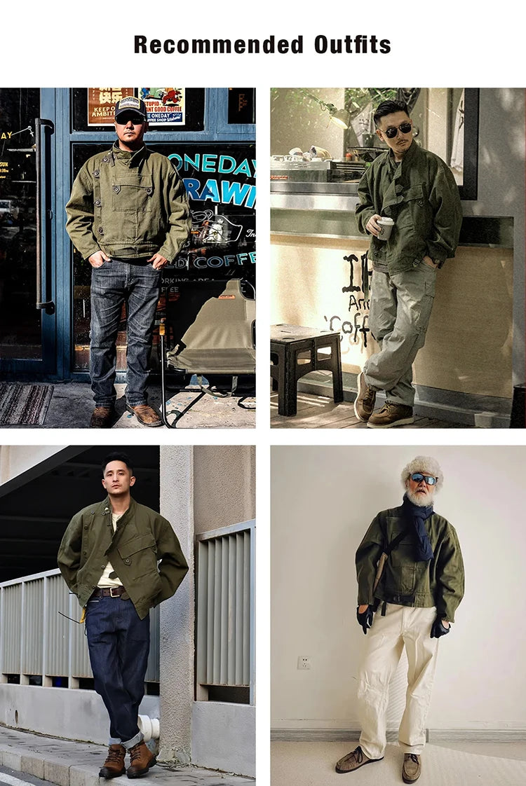Swedish motorcycle jacket, men's retro military green casual cropped jacket, 100% cotton canvas workwear asymmetric safari style