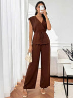 Women Solid Lapel Full Sleeves Pant Suits Chic Single Breasted Wide-leg Long Pants Sets 2026 Lady  Casual Daily Loose Fit Outfit