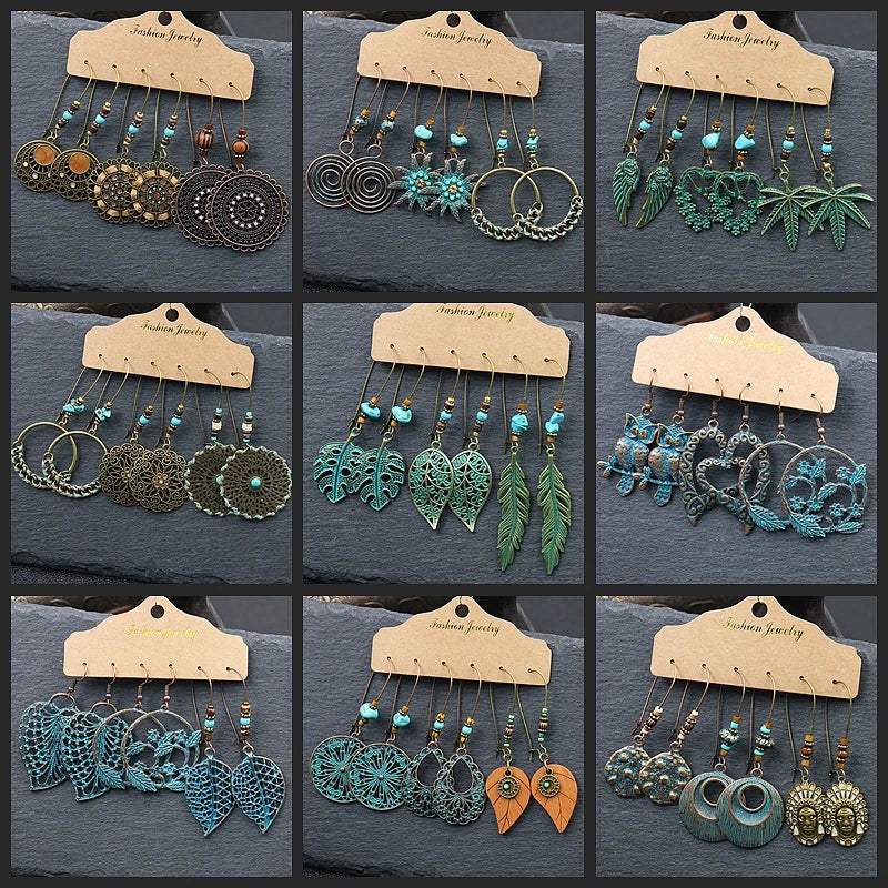 Boho 3Pcs/set Ethnic Leaf Bronze Earrings Set Vintage Hanging Earrings for Women Gypsy Statement Jewelry Accessories Pendientes Image principale du produit