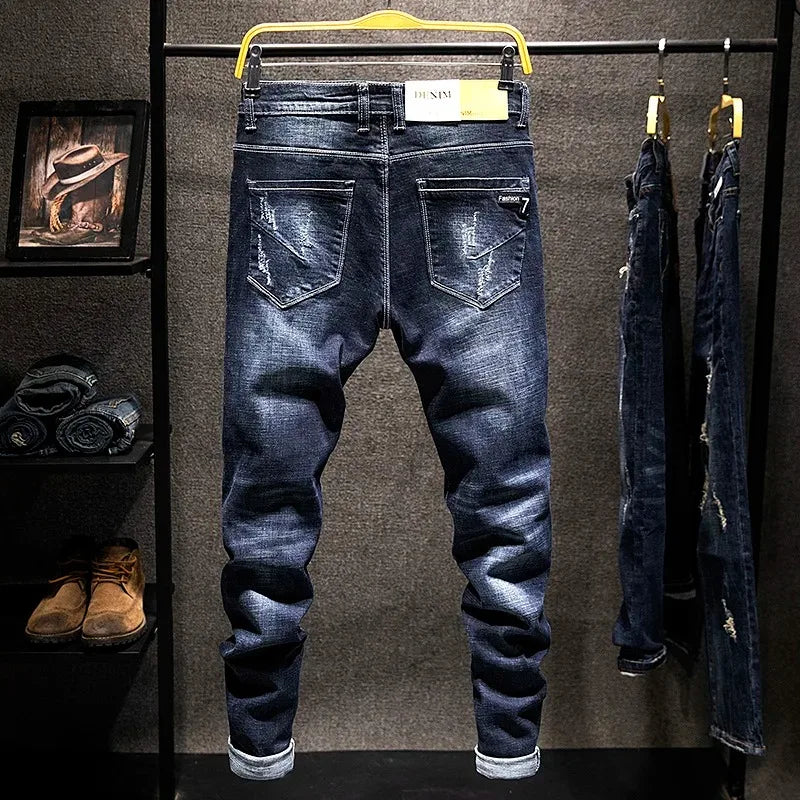American Elastic Straight Jeans Men Ripped Worn-out Slim-fit Cotton Denim Pants Korean Style Fashion Blue Black Men's Clothing Image secondaire du produit