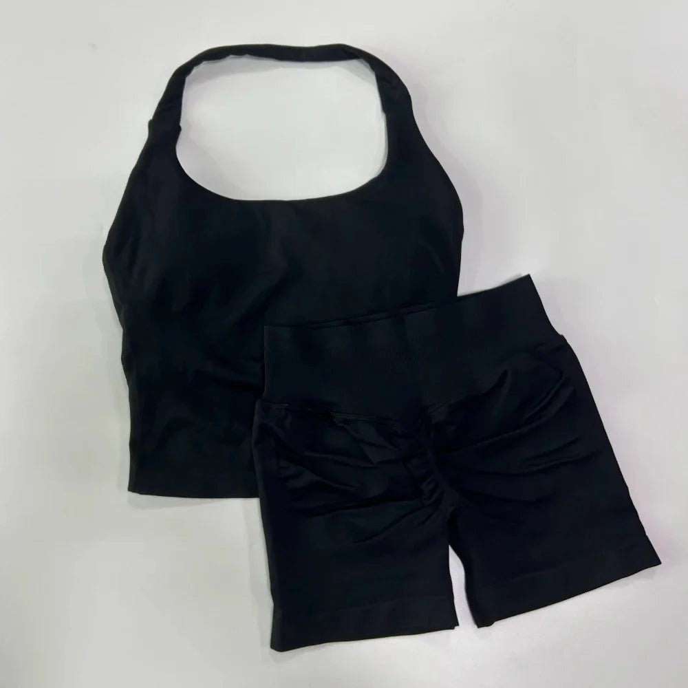 No Logo 2 Pieces Sports Set Women Backless Tank Tops High Waist Scrunch Seamless Shorts Gym Set Sportswear Workout Set Yoga