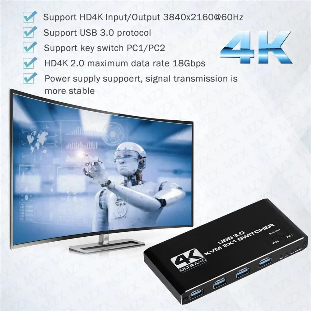 MZX 2-In-1-Out KVM Switch 4K 60Hz HDMI-compatible USB 3.0 Hub Switcher Docking Station Dock Computers PC Share Keyboard Printer