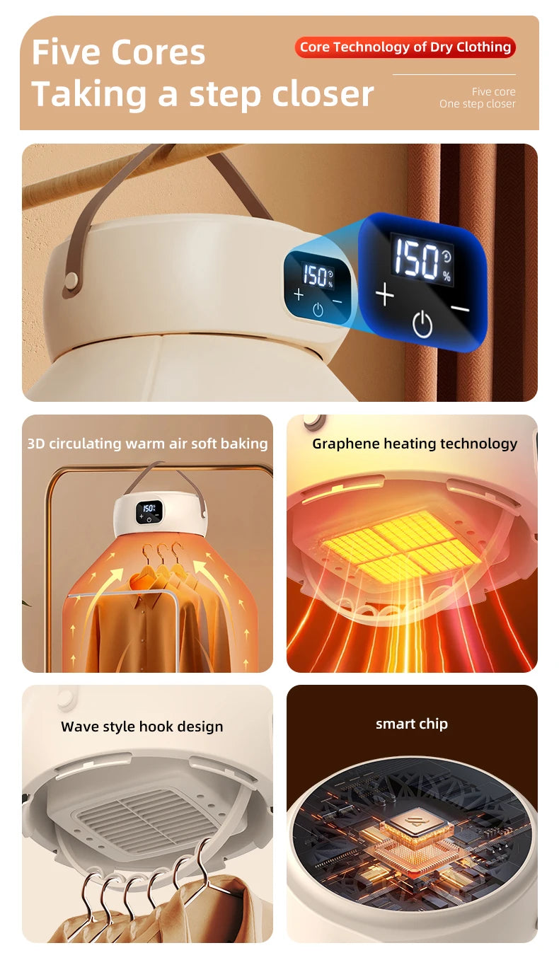 Portable Electric Dryer Multifunctional Dryer Foldable Timed Fast Drying Low-noise Warm Air Heating Clothing Care Mini Dryer
