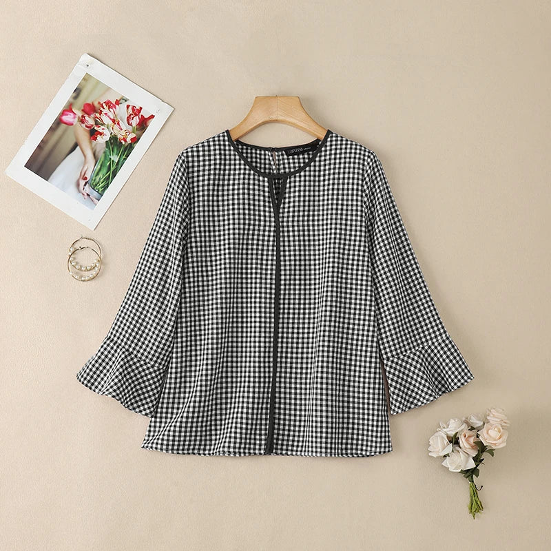 ZANZEA Women Summer Plaid Patchwork Blouse 3/4 Flare Sleeve Cut Out Tops Casual Loose Shirt Retro Chemise Female Work Blusas