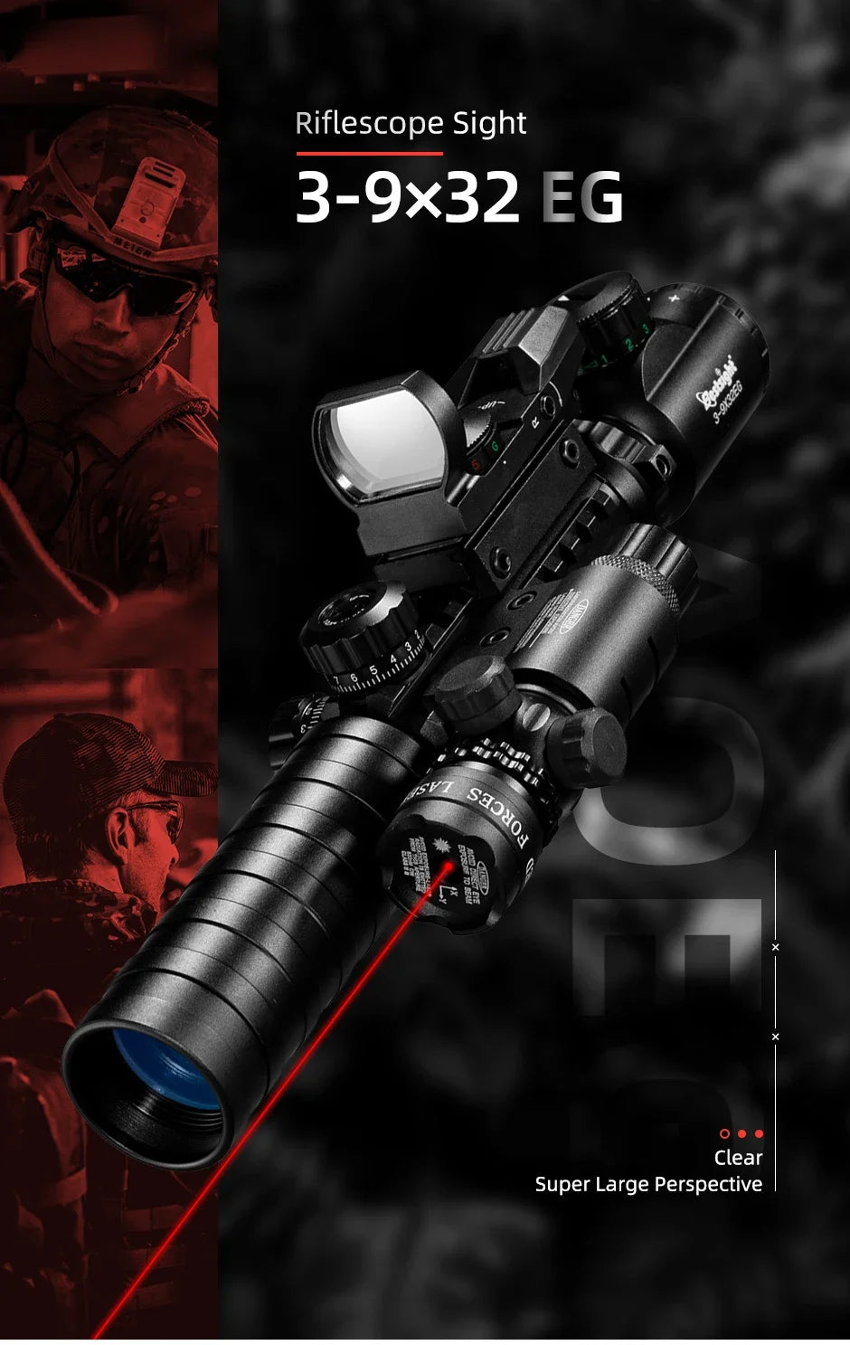 3-9X32 EG Scope 3 in 1 Combo Hunting Scope Red Green Illuminated with Holographic Reflex 4 Reticle Red Green Dot Sight Caza
