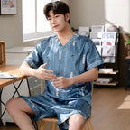 Pajamas Men Ice Silk Thin Short-Sleeved Two-Piece Suit Korean Version of the Loose Large Size Men Home Clothing with Letters