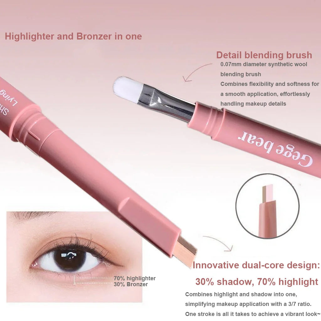 Double Ended Lying Silkworm Pencil 2 in1 Highlighter Nude Lower Eyelid Contour Aegyo-sal Eyeliner Makeup Stick with Detail Brush