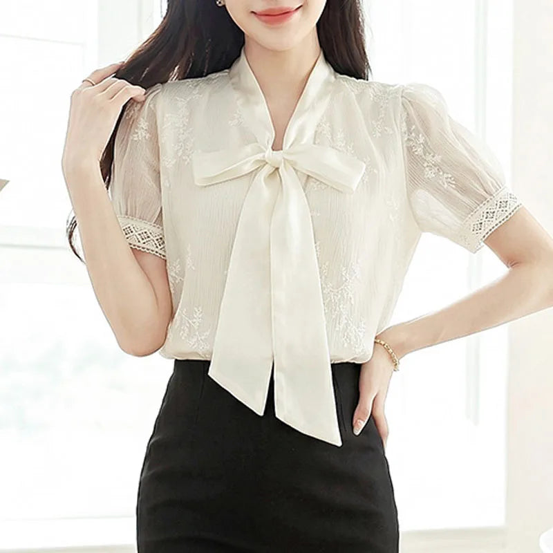Blouses Shirts Women Blouse Shirt New Summer Bow Collar Embroidery Blouse Shirt Women Tops Short Sleeve Blusas Para Mujer Q4102 Main image