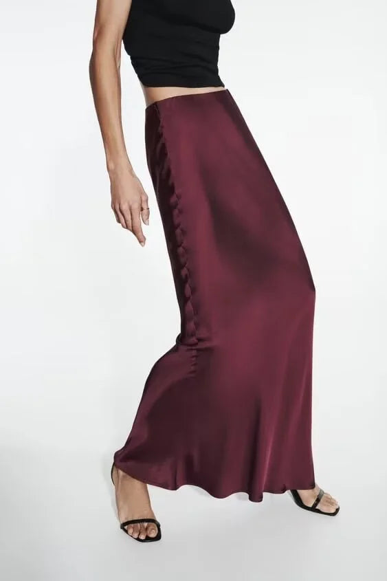 ETJ 2025  Women's spring new elegant fashion all-in-one stretch high-waisted A-line silk satin sag skirt multi-color option