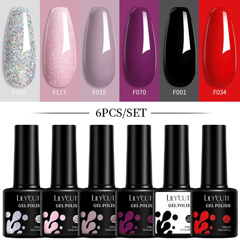 LILYCUTE 7ML 6PCS Neon Gel Nail Polish Set fluorescent Series Color Changing Semi Permanent Soak Off Manicure kit Nail Art Gel