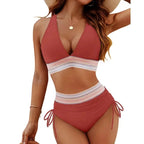 Sexy Deep V-Neck Bikini Swimsuit Set Women 2026 Summer Beach with Chest Cushion Swimwear High Waist Drawstring Triangle Bikini