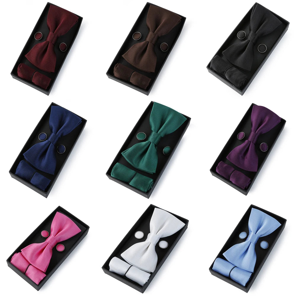 HUISHI Classic Black Bowtie Bow Ties For Mens Butterfly Bowknot Pocket Square Cufflinks Suit Set Bussiness Accessories Gift Box