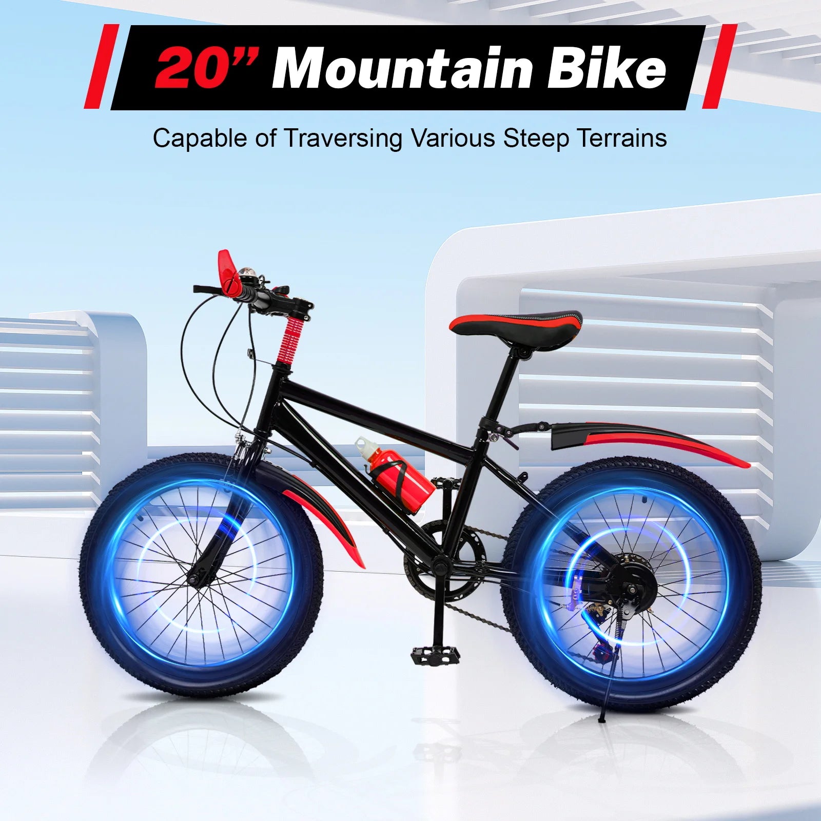 20 Inch Mountain Bike 7 Speed Gears, Adjustable Seat Kids' Bike with Mudguards Kettle Holder Kettle for Boys Girls 8-13 years