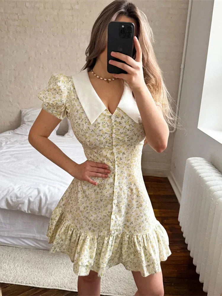Tossy Printed Lapel Fashion Mini Dress Women's Short Sleeve Patchwork Contrast Elegant Summer Dress 2025 Female Bodycon Dress