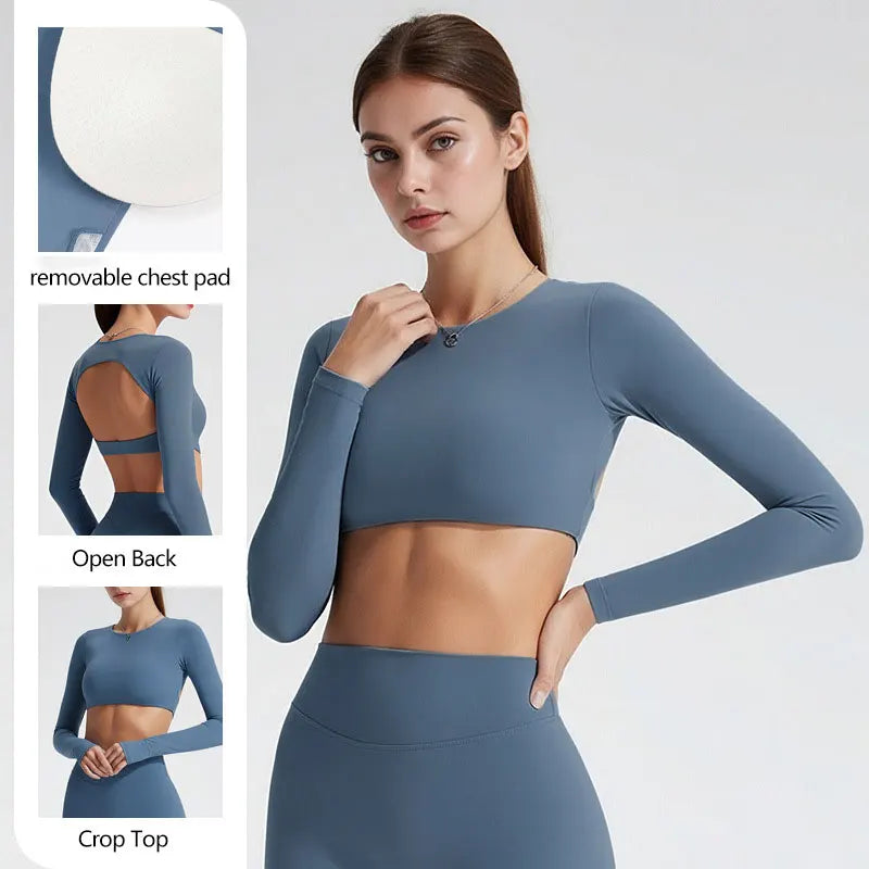 NCLAGEN Sports Tops Gym Women Fitness T Shirt Long Sleeve Open Back Pilates Yoga Padded Crop Top Running Workout Fitness Blouse Secondary image