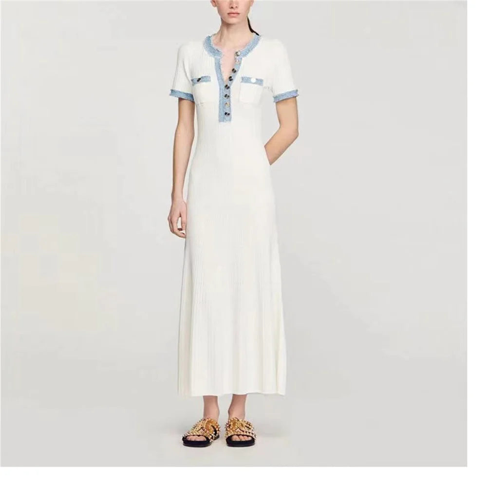 Elegant Contrasting Women Knit Maxi Dress Chic O-neck Short Sleeve Metal Buttons Bodycon Dresses Office Lady Commuting Robe Secondary image