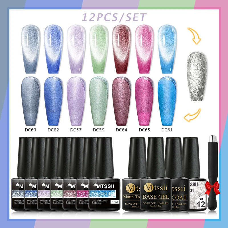 10/12PCS/SET Cat Magnetic Gel Nail Polish Set 9D Reflective Glitter Gel Semi Permanent UV Gel Soak Off Sparkling Nail Art Kits