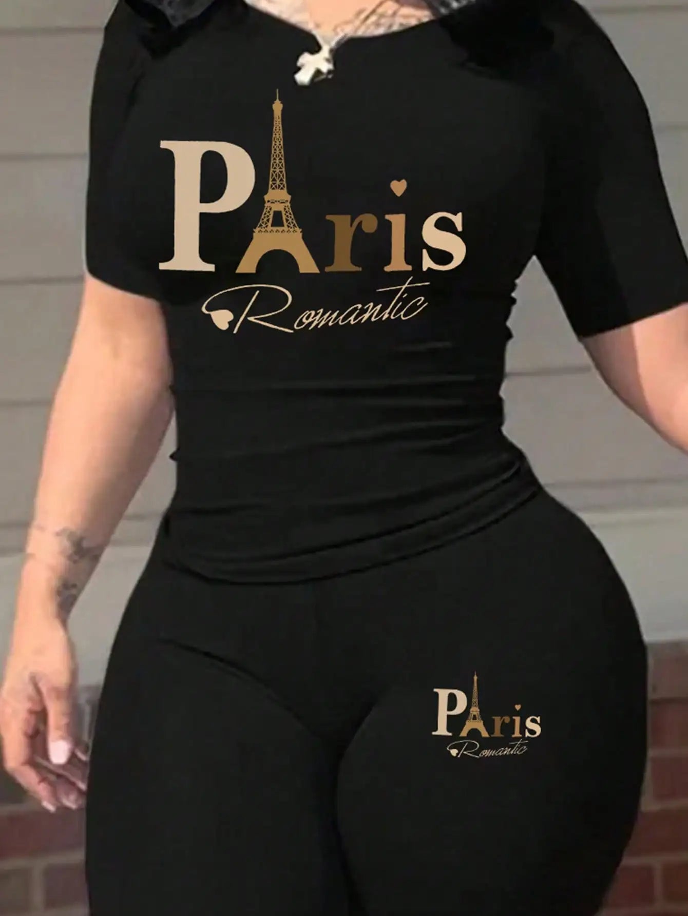 2026 women's new Paris printed two-piece set, casual short sleeved round neck T-shirt and tight pants long pants set