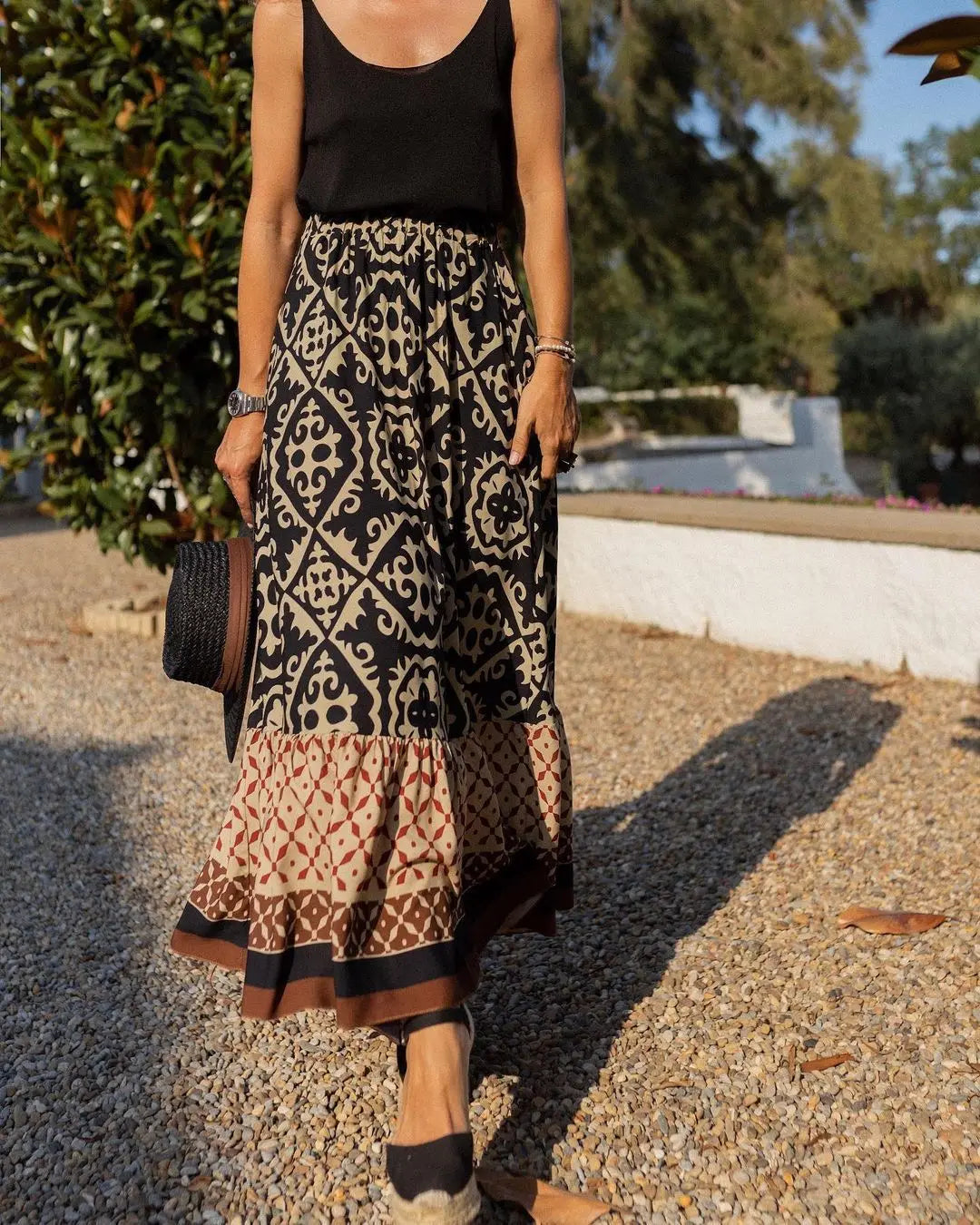 Women's Elastic Waist Printed Large Swing Skirt, Boho Spliced Midi Skirt, Suitable for Beach and Daily Wear