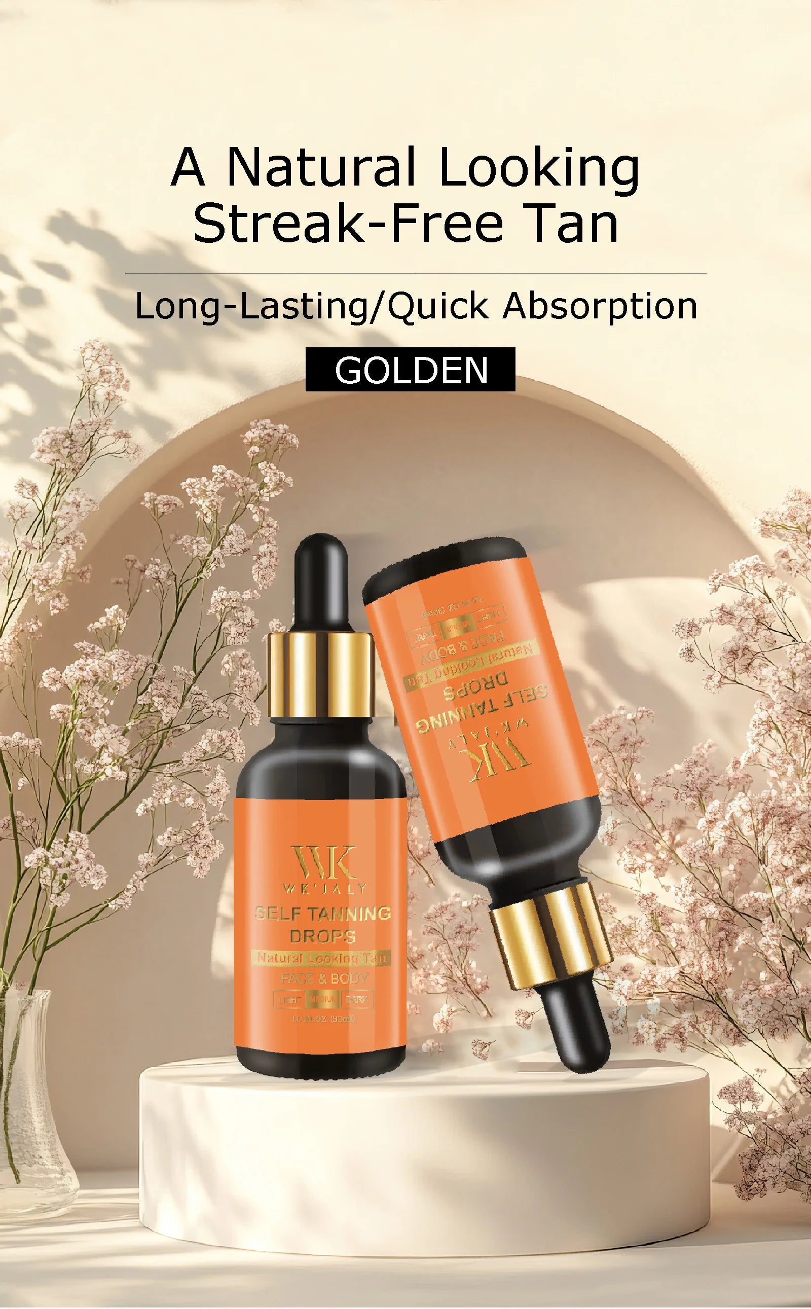 WK JALY Medium Self Tan Drops, Natural Glow Sun Bronzing Drops, Sunless Tanning for Face, Body, Add to Skin Care for Custom Tan