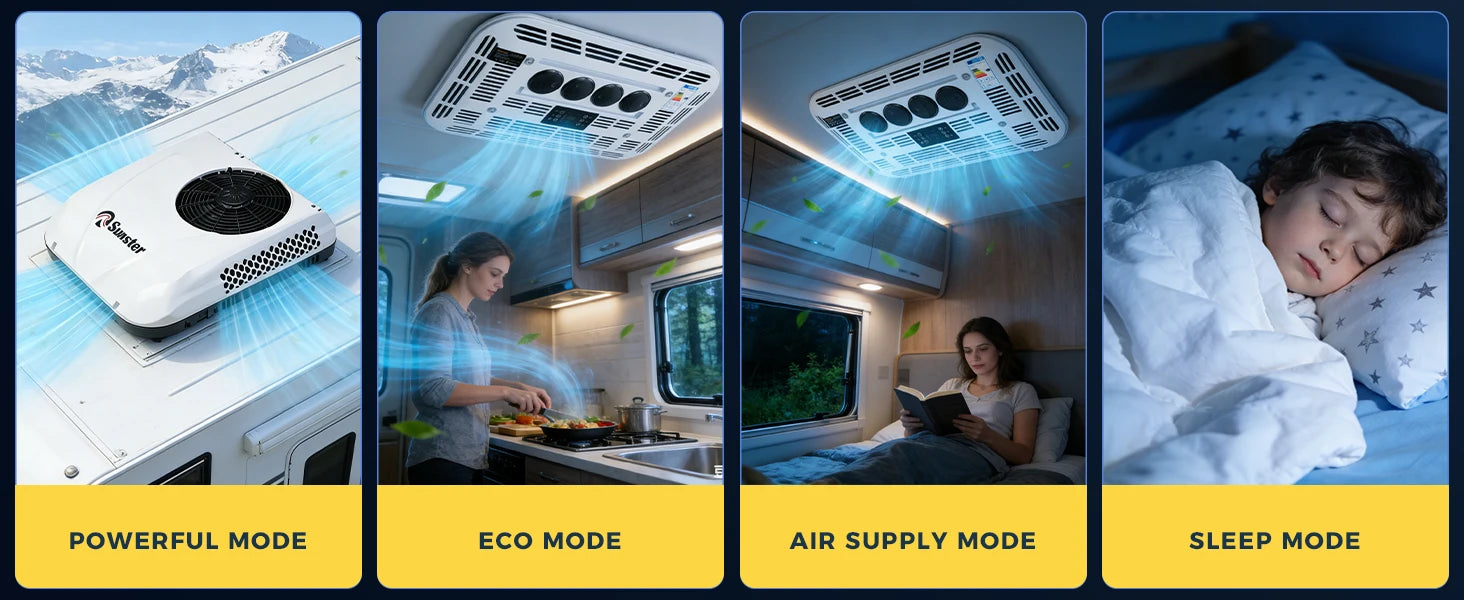 Sunster 12V/24V Fast Cooling Roof Air Conditioner Electric Cool RV Rooftop Parking for Truck Camper Van Caravans Motor home