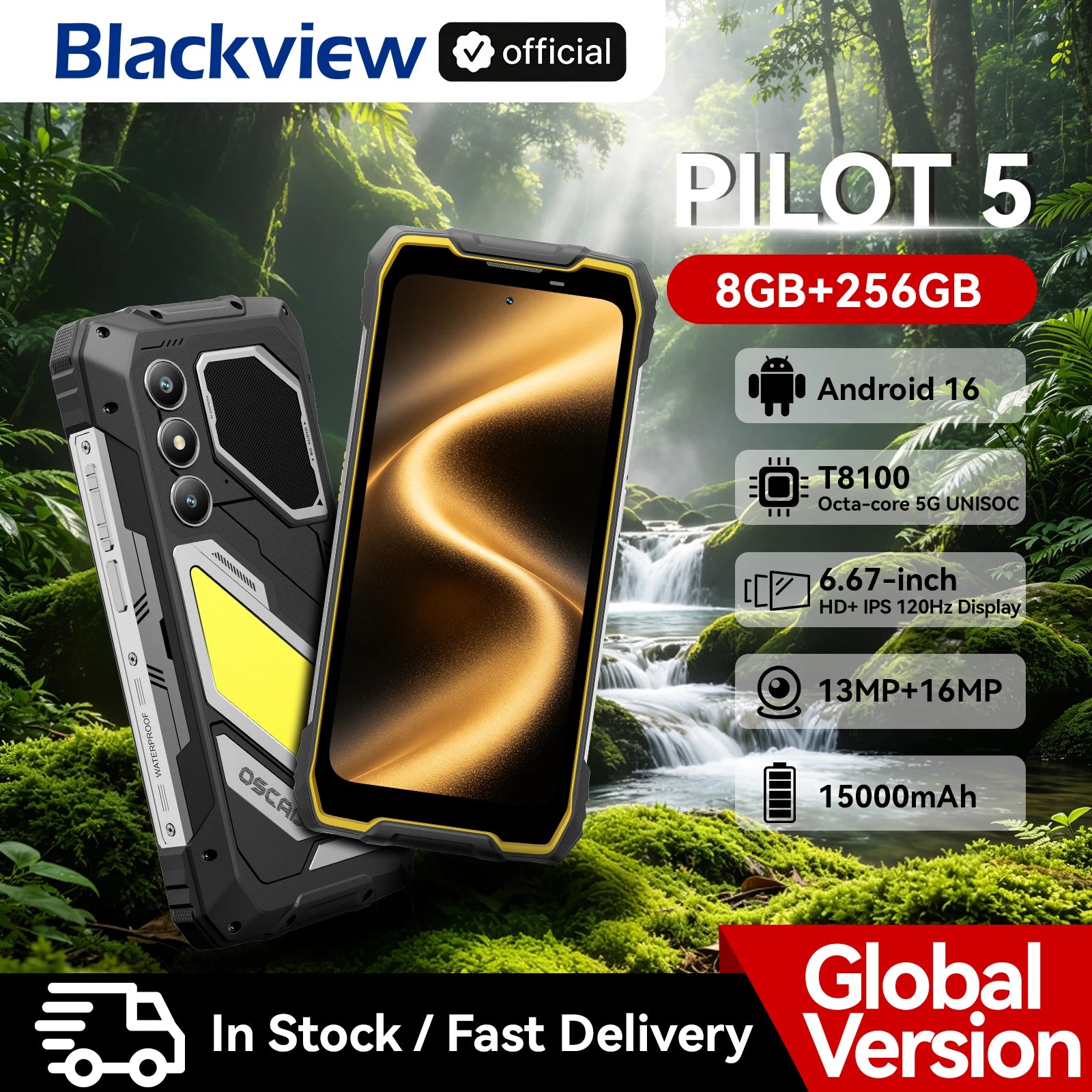 Blackview OSCAL PILOT 5 5G mobile phones AI Rugged Smartphone UNISOC T8100 6.67" 2.4K Display 120Hz, 8GB 256GB, 15000Amh Phones Main image