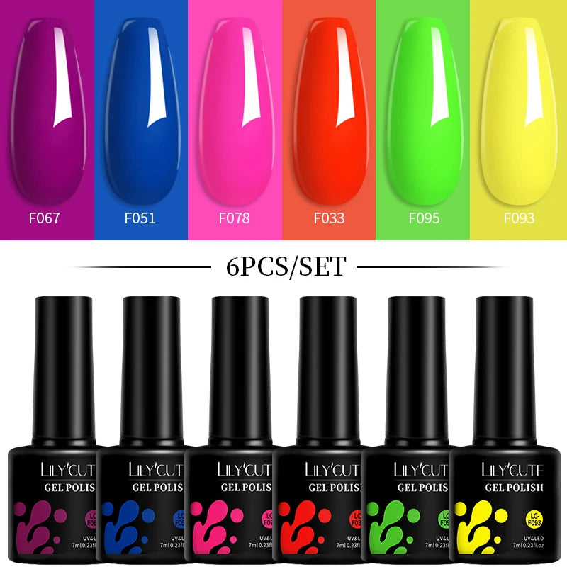 LILYCUTE 7ML 6PCS Neon Gel Nail Polish Set fluorescent Series Color Changing Semi Permanent Soak Off Manicure kit Nail Art Gel